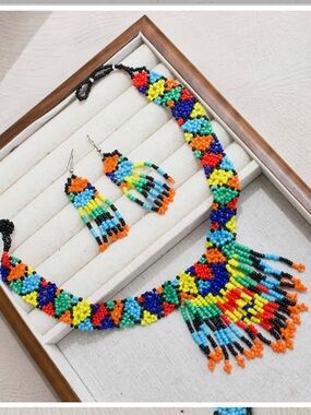 Handmade Multicolor Seed Bead Fringe Necklace & Earrings Set